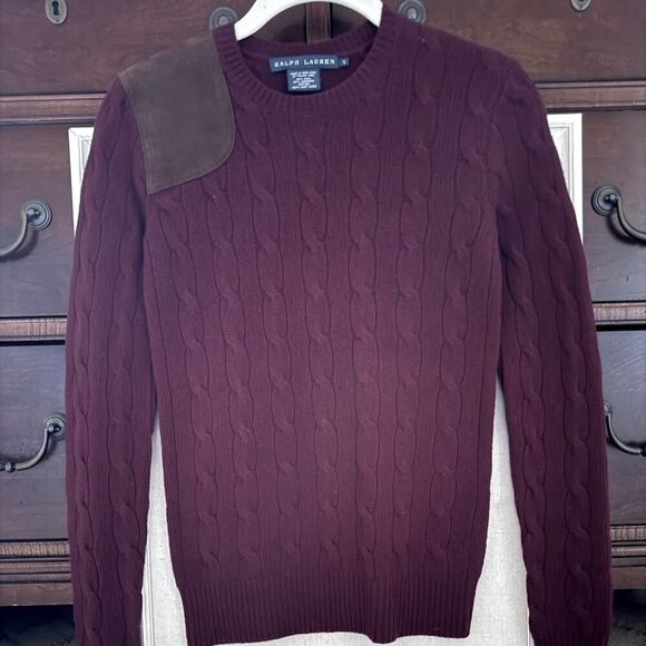 Polo Ralph Lauren Burgundy cashmere blend cableknit sweater w suede patch NWOT S - Picture 1 of 7
